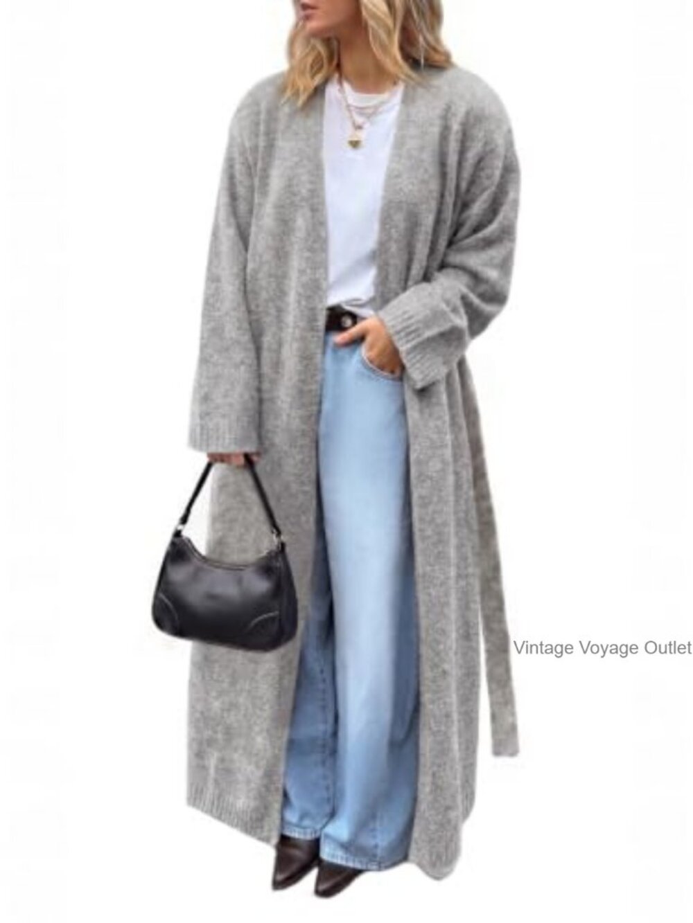 Oversized Open Front Long Cardigan Sweater with Belted Waist